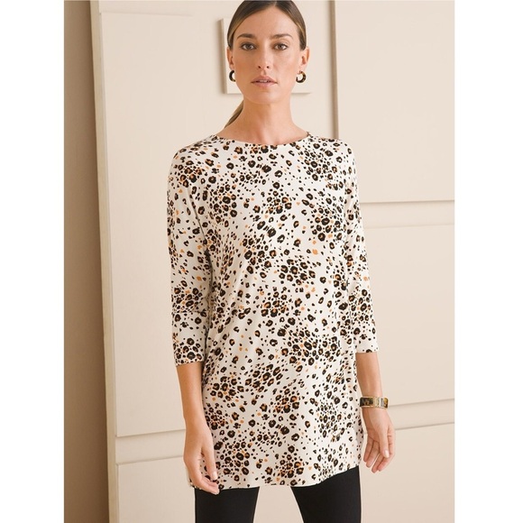 Chico’s Touch of Cool Leopard Animal Print Wedge Tunic Top 3 XL Neutral Cream - Picture 1 of 11